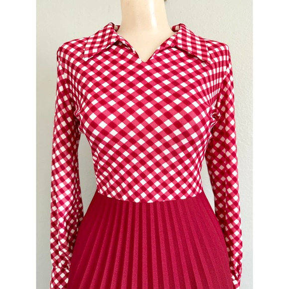 Vintage 60s 70s Red Check Skater Accordion Pleated Dagger Collar Mod Red Dress - Picture 14 of 15